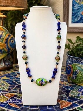 ARTISAN Lapis, Vintage Lamp-work Glass and Cloisonné Fish Necklace
